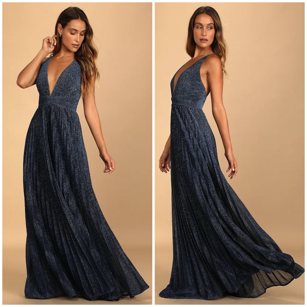 Lulu's Especially Stunning Blue Sparkly Pleated Maxi Dress